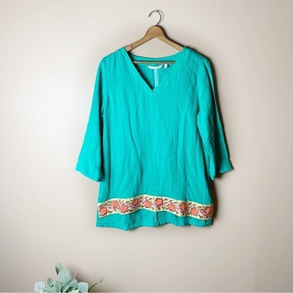 [Soft Surroundings] Aqua Green/Blue Beaded Embroidered Boho 3/4 Sleeve Top